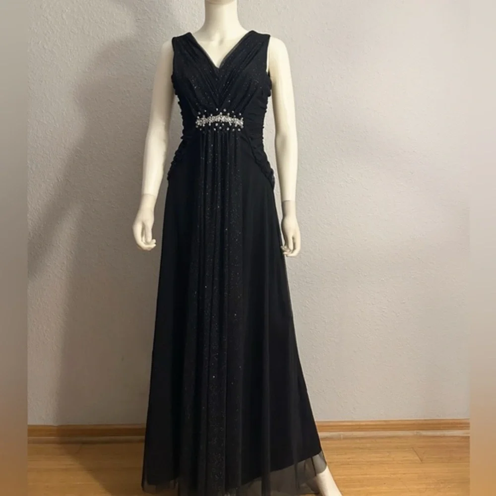 NWT A-Line Formal Maxi Dress‎ Sleeveless V-Neck Tulle Beaded Evening Gown Black